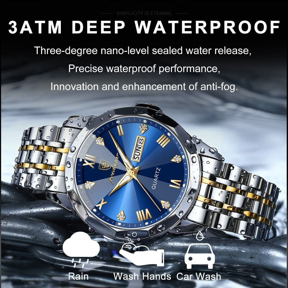 Men's Luxury Blue Dial Watch - Two-Tone Waterproof