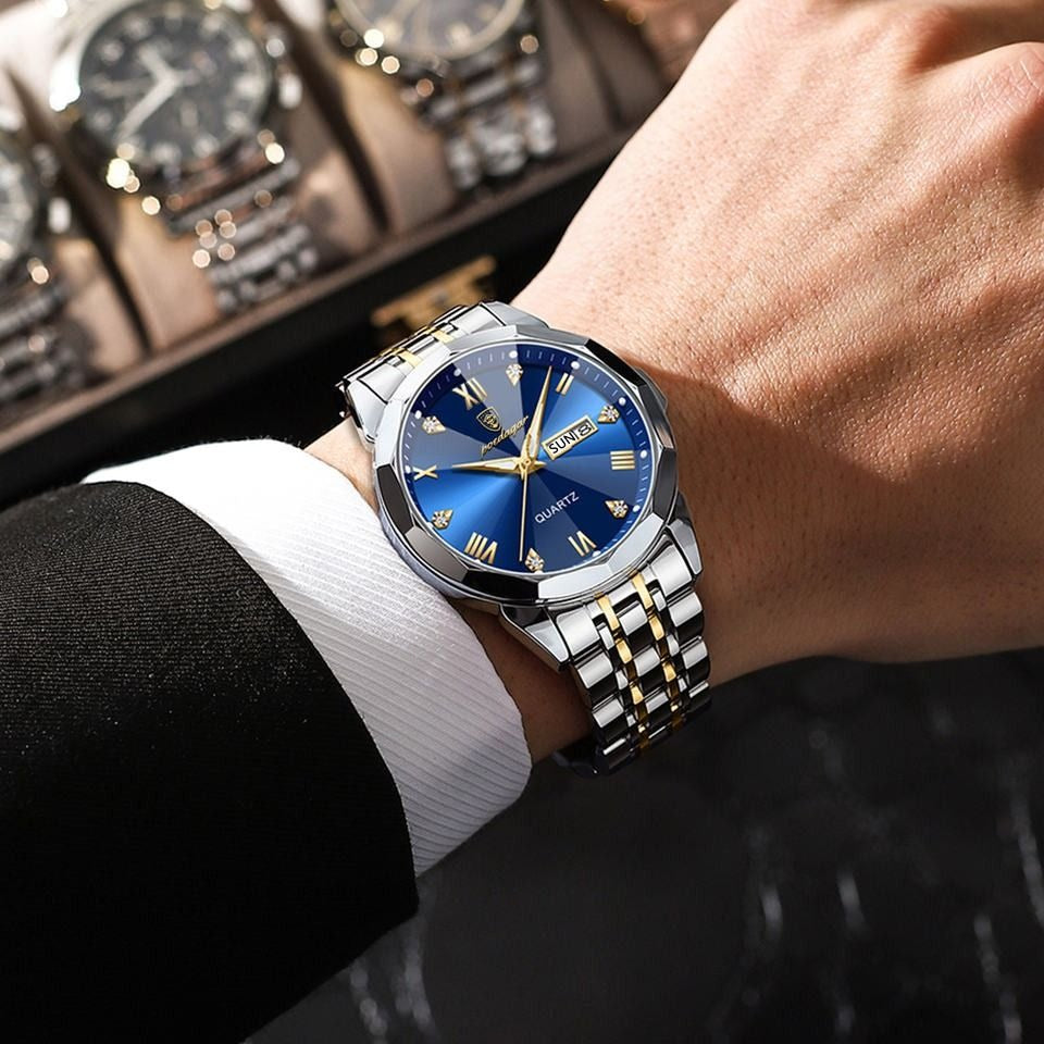 Men's Luxury Blue Dial Watch - Two-Tone Waterproof