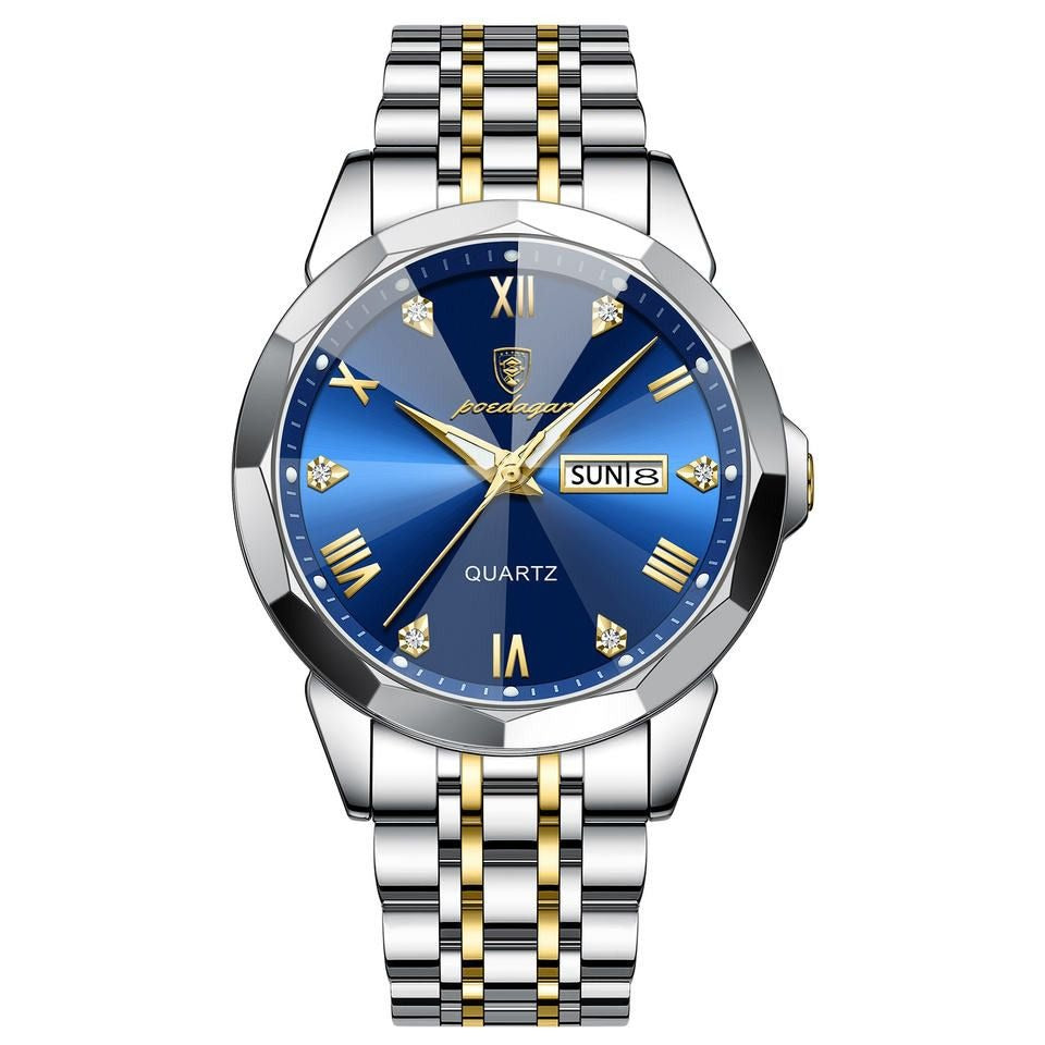 Men's Luxury Blue Dial Watch - Two-Tone Waterproof