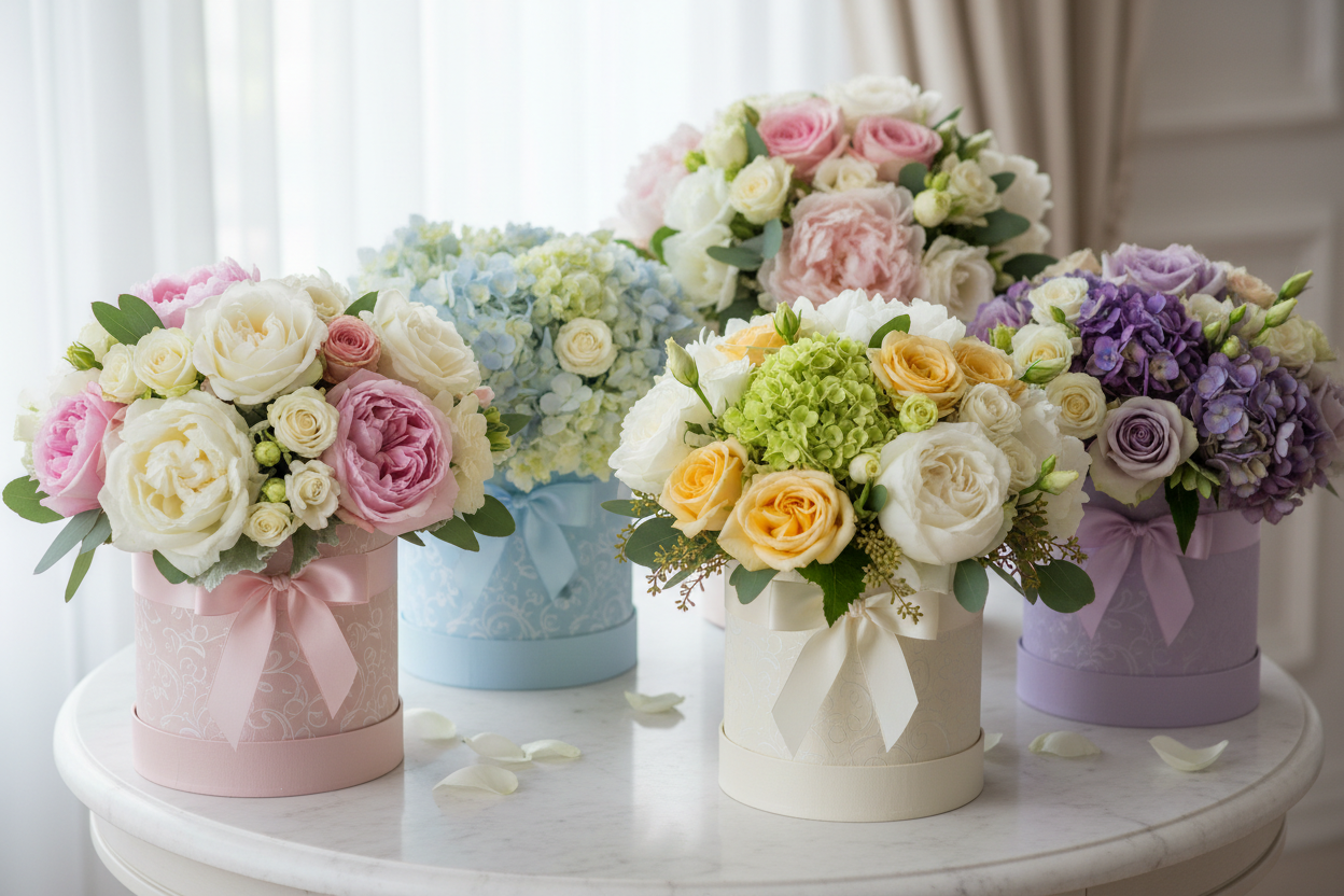 Elegant Flower Hat boxes with beautiful arrangement of flowers