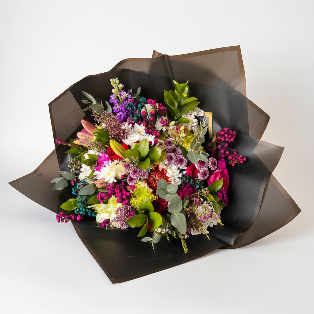 Colorful mixed flower arrangement with hot pink blooms, lime green orchids and purple stock in black wrapping
