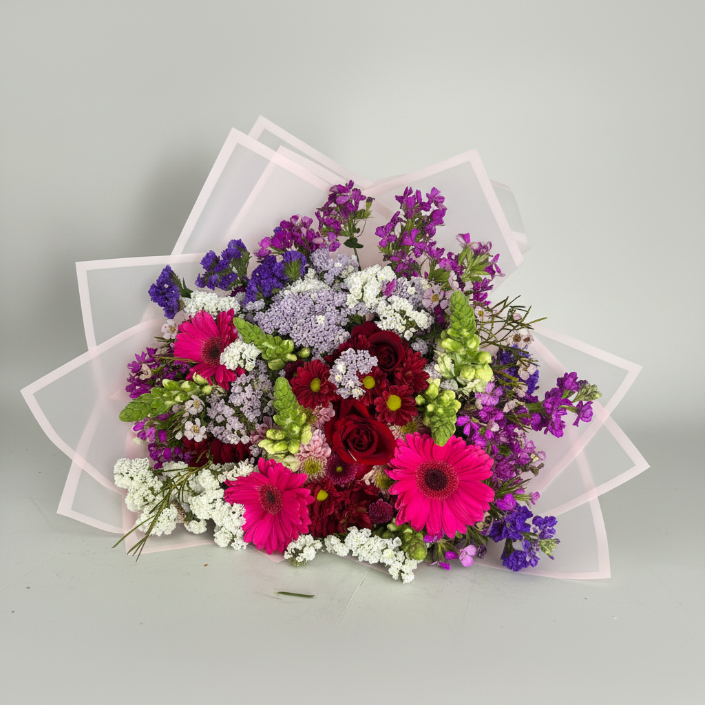 Vibrant mixed flower bouquet with purple stock, pink gerberas, red roses and white flowers in pink wrapping