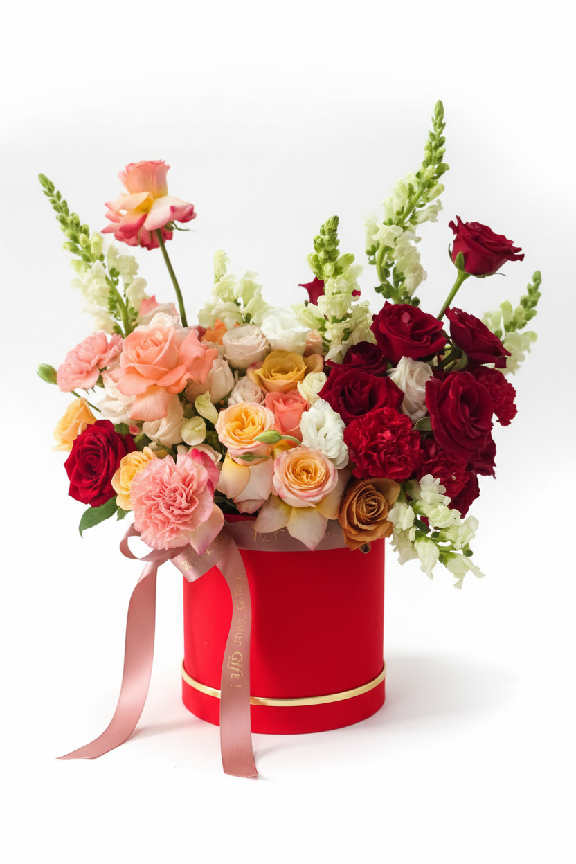 Whimsical Garden Hat Box - lush colourful floral arrangement in a red velvet hat box with pink satin ribbon