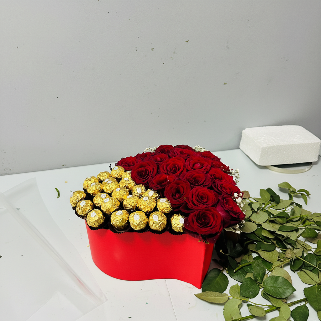 Heart shaped boxed bouquet with red roses and chocolates - side angle view