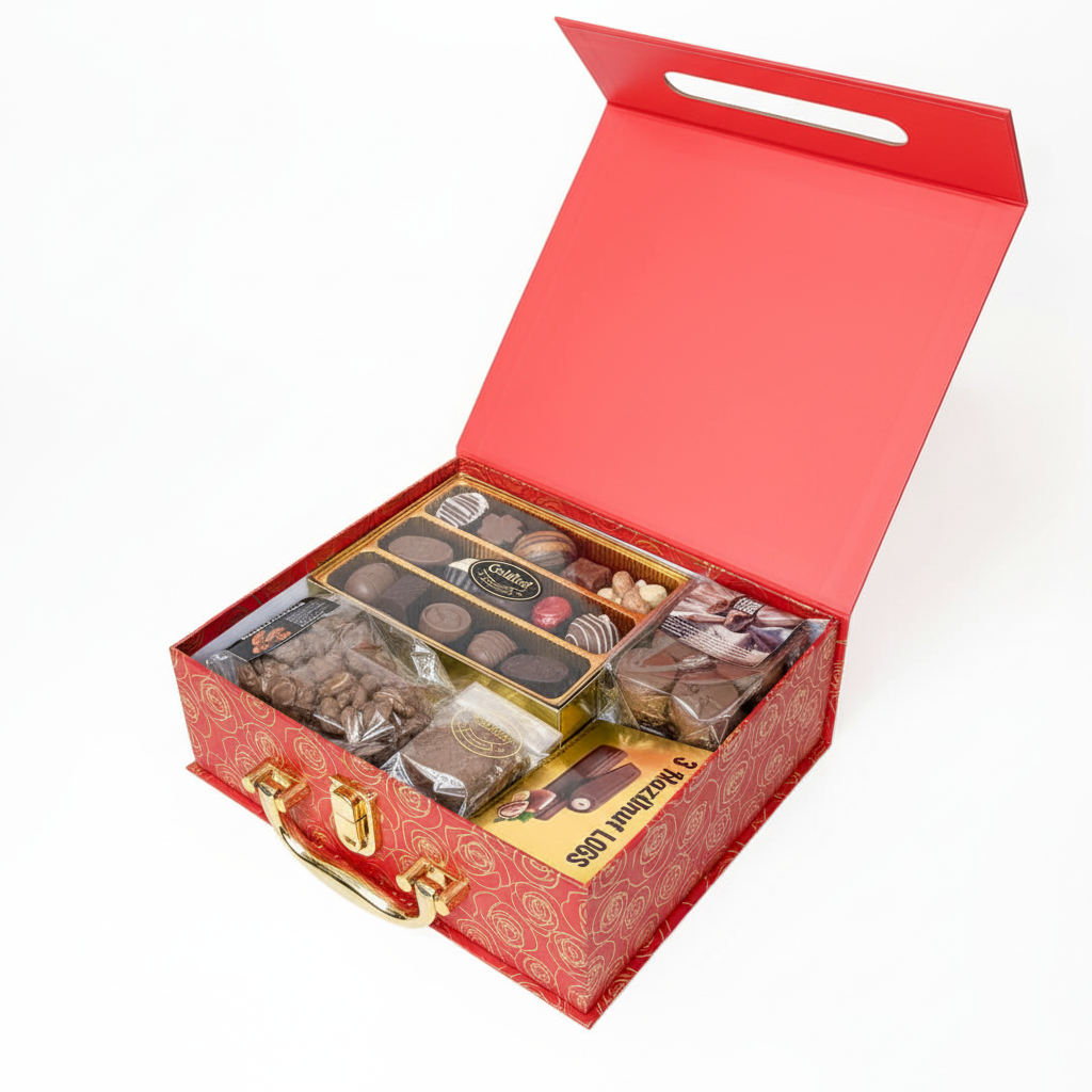 Valentine's Luxury Chocolate Hamper open showing Goldhof chocolates and gourmet treats