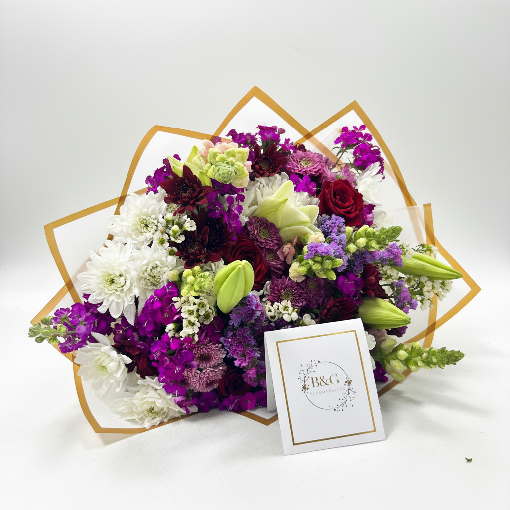 Elegant mixed bouquet with purple flowers, white chrysanthemums, burgundy roses and lime green lilies with gold trim