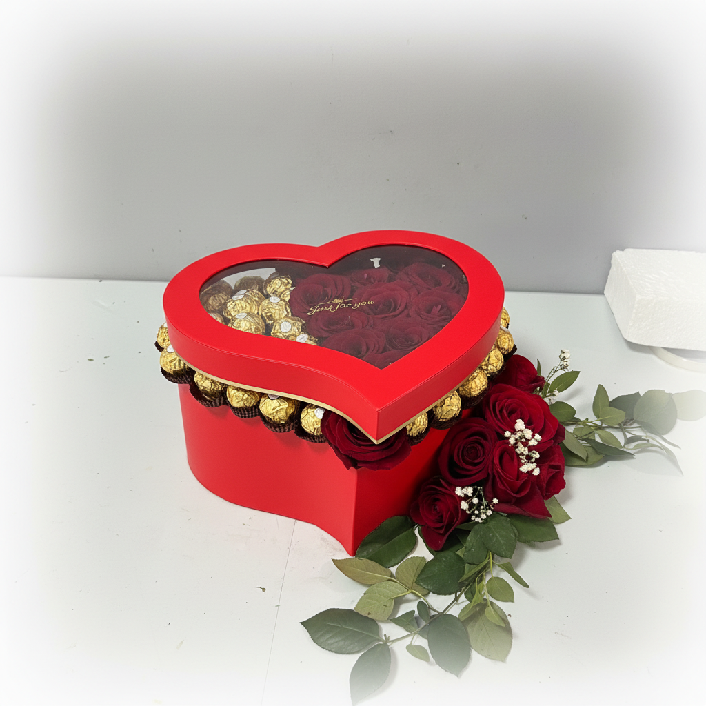 Just for you heart shaped gift box with red roses and Ferrero Rocher