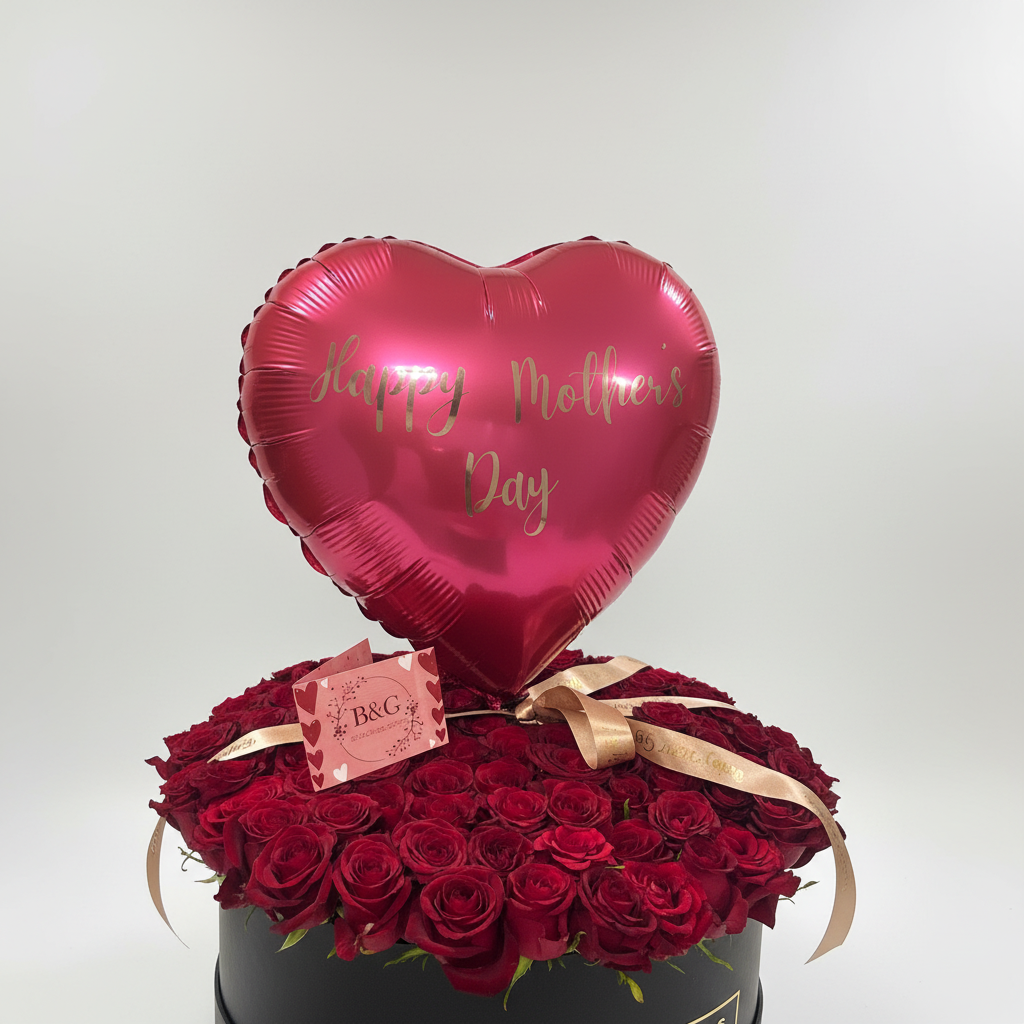 Studio quality Mother's Day roses with balloon and brand card