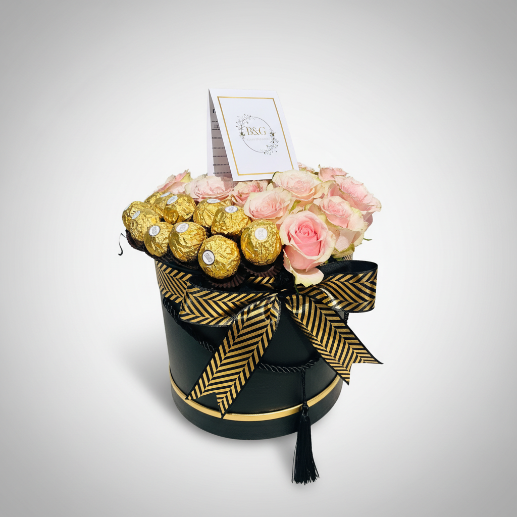 Studio quality pink roses with Ferrero Rocher chocolates